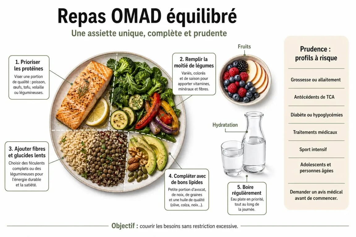 Repas équilibré pour régime omad avec aliments recommandés et signaux de prudence