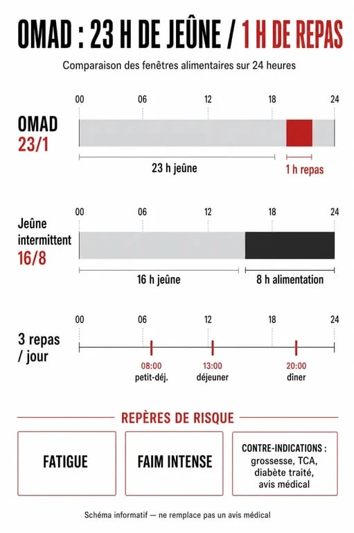 Régime omad expliqué visuellement avec comparaison 23/1, 16/8 et 3 repas par jour