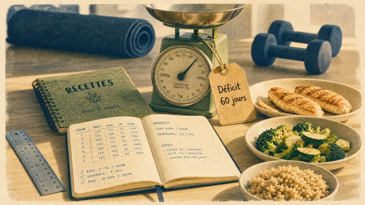 Perdre 10 kilos en 2 mois : déficit 1500 calories, carnet et balance