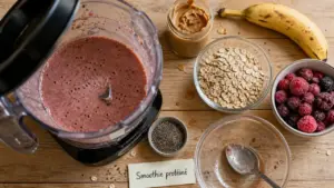 Smoothie proteine crémeux : blender et ingrédients