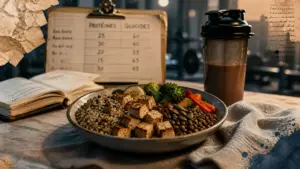 Assiette de sport pour sportifs vegans, protéines végétales et shaker