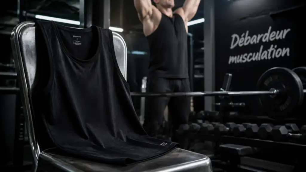 Debardeur musculation noir en salle de musculation, coupe respirante