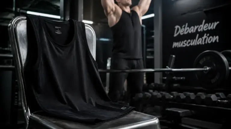 Debardeur musculation noir en salle de musculation, coupe respirante