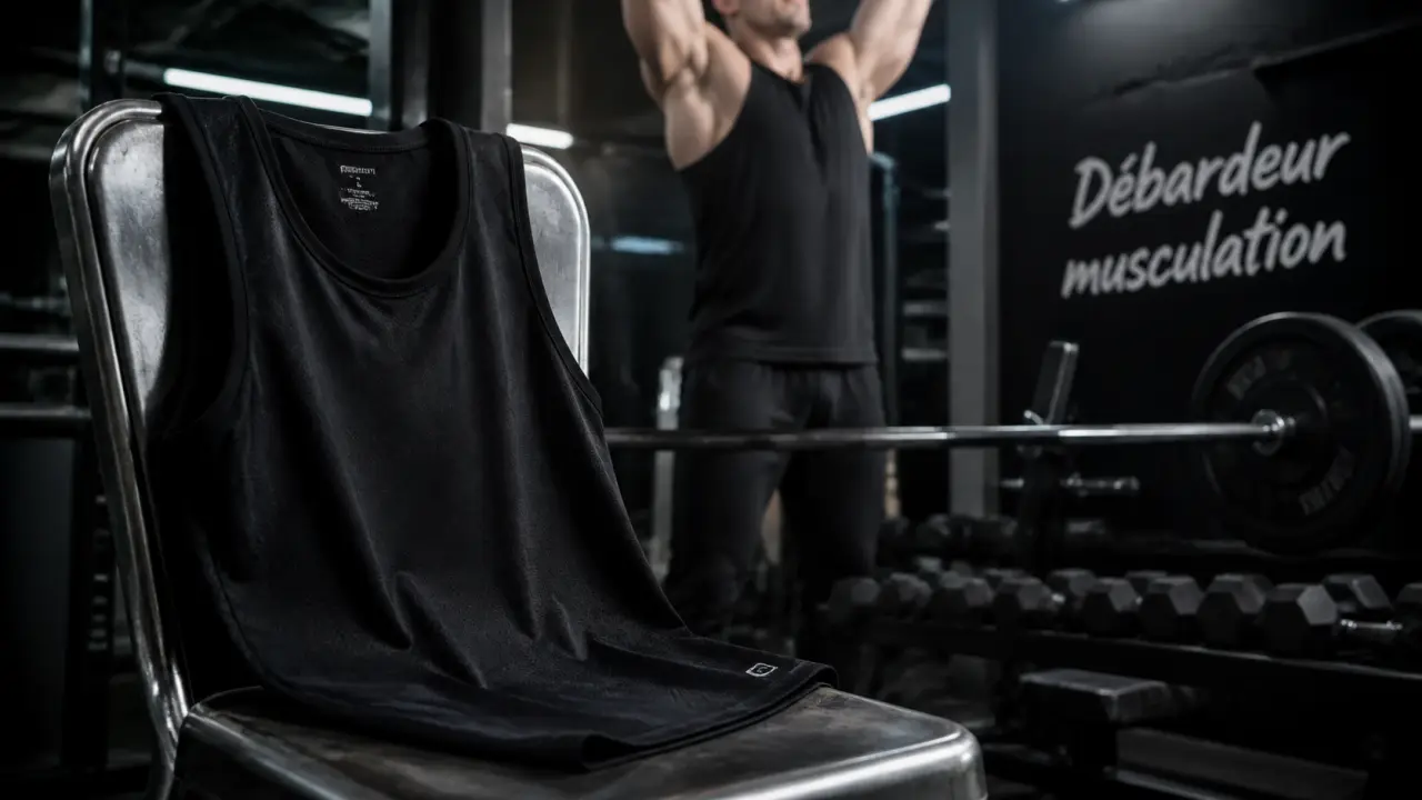 Debardeur musculation noir en salle de musculation, coupe respirante