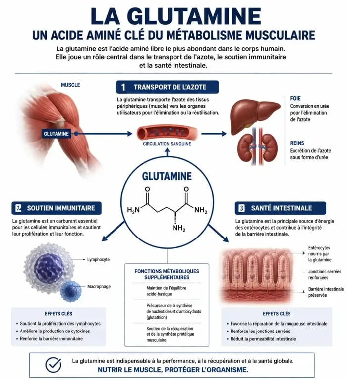 Infographie sur les bienfaits de la glutamine en musculation pour la récupération et la santé
