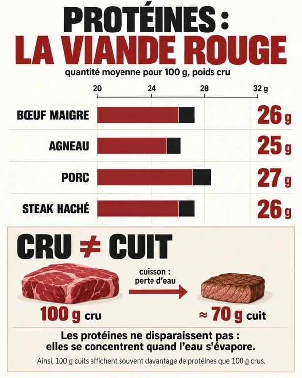 Combien de proteine dans 100g de viande rouge : infographie des teneurs selon les morceaux et les espèces