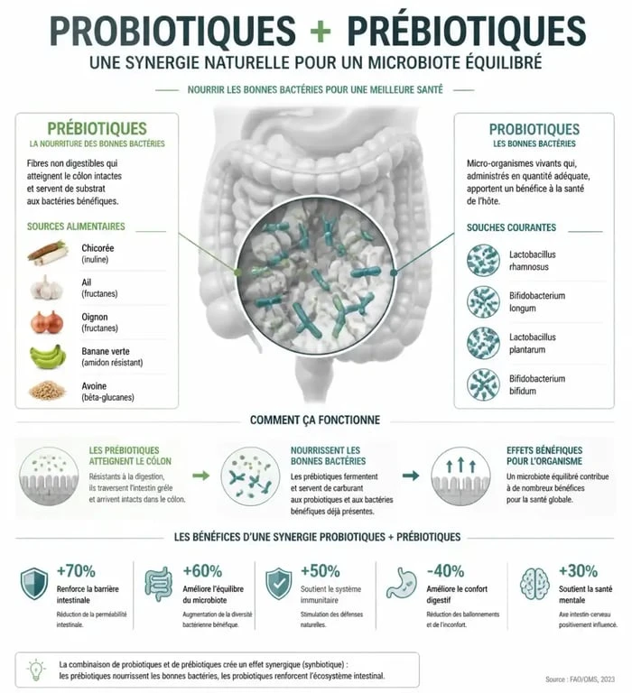 Schéma de la synergie entre probiotiques et prébiotiques pour la santé digestive