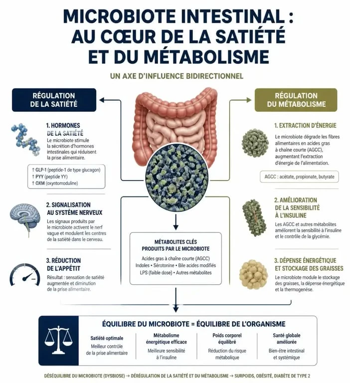 Infographie sur le lien entre microbiote intestinal et probiotiques pour maigrir