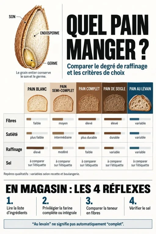 Infographie quel pain manger : comparaison du pain blanc, complet, semi-complet, de seigle et au levain