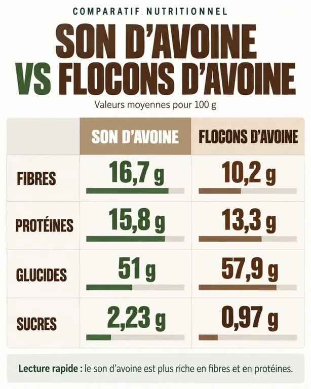 Comparaison du son d’avoine et des flocons d’avoine selon les fibres, protéines, glucides et sucres