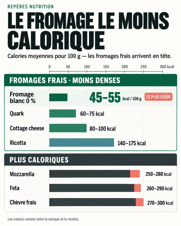 Infographie comparative du fromage le moins calorique et des calories des principaux fromages pour 100 g