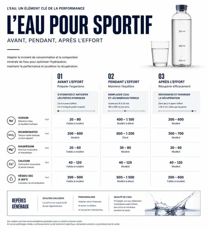 Eau pour sportif : infographie comparative des eaux à boire avant, pendant et après l’effort