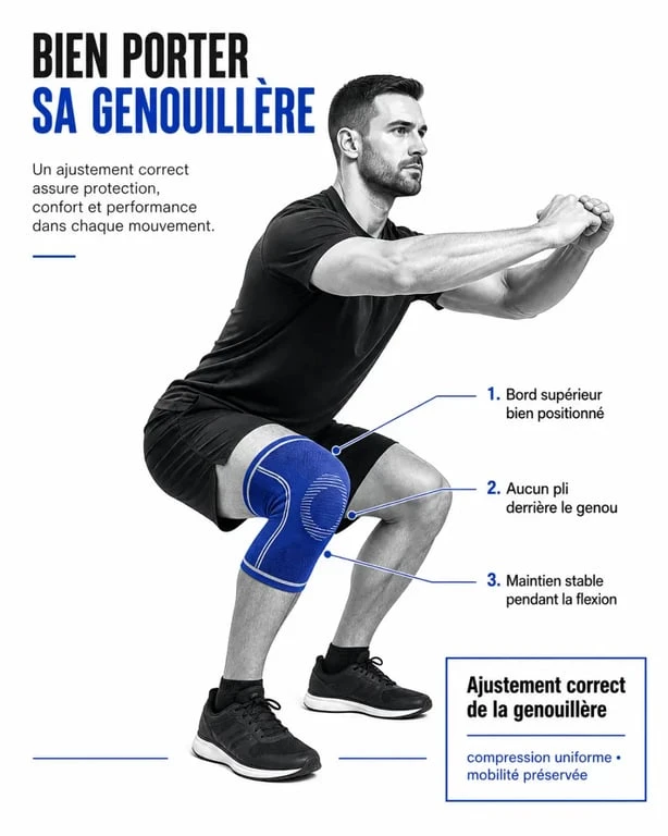 Ajustement d’une genouillère musculation pendant un squat avec repères de bon maintien