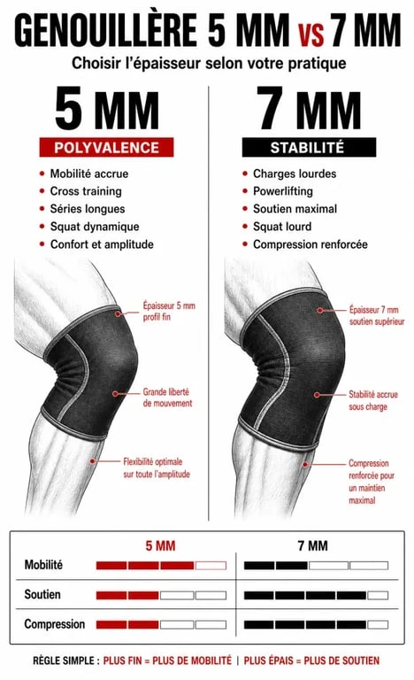 Comparaison genouillère musculation 5 mm vs 7 mm pour choisir selon l’entraînement