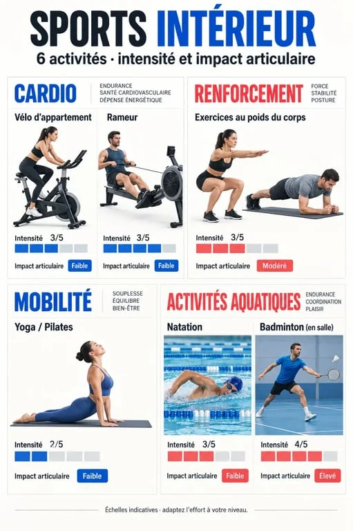 Infographie des sports intérieur selon l'objectif, l'intensité et l'impact articulaire