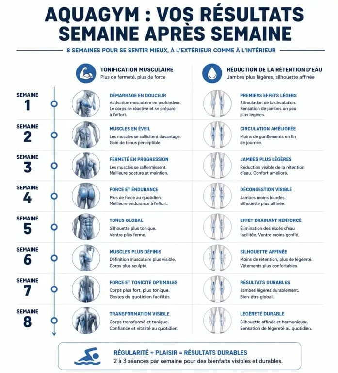 Infographie sur les résultats de l'aquagym avant après sur 8 semaines