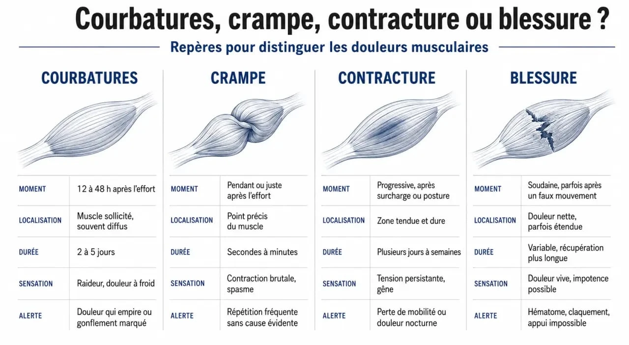 Courbatures musculation : comparaison entre courbatures, crampes, contractures et blessure