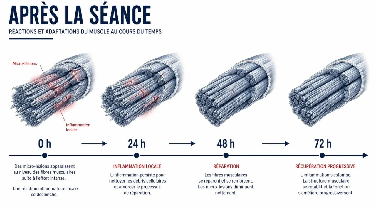 Courbatures musculation : schéma du muscle après une séance et de la récupération