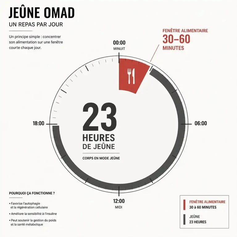 Schéma du jeûne OMAD 23/1 illustrant la fenêtre alimentaire d'une heure sur 24 heures