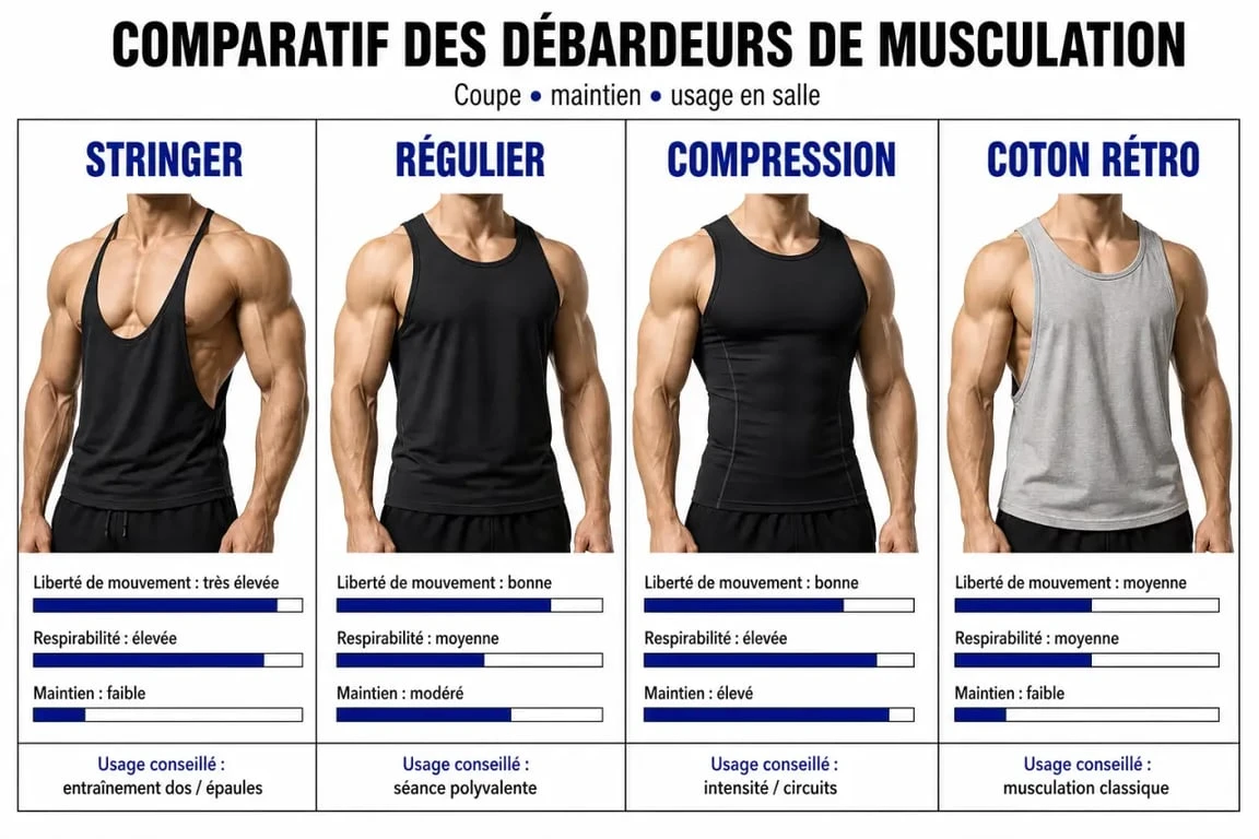 Comparatif débardeur musculation entre stringer, classique, compression et coton
