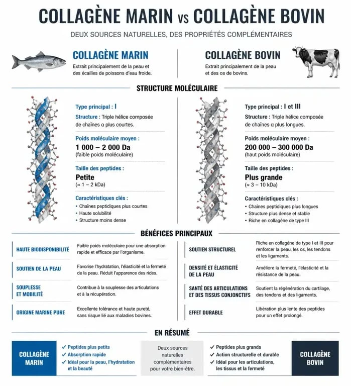 Infographie comparative des sources de collagène origine marine et bovine