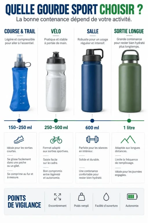 Infographie pour choisir une gourde sport selon l’activité et la contenance