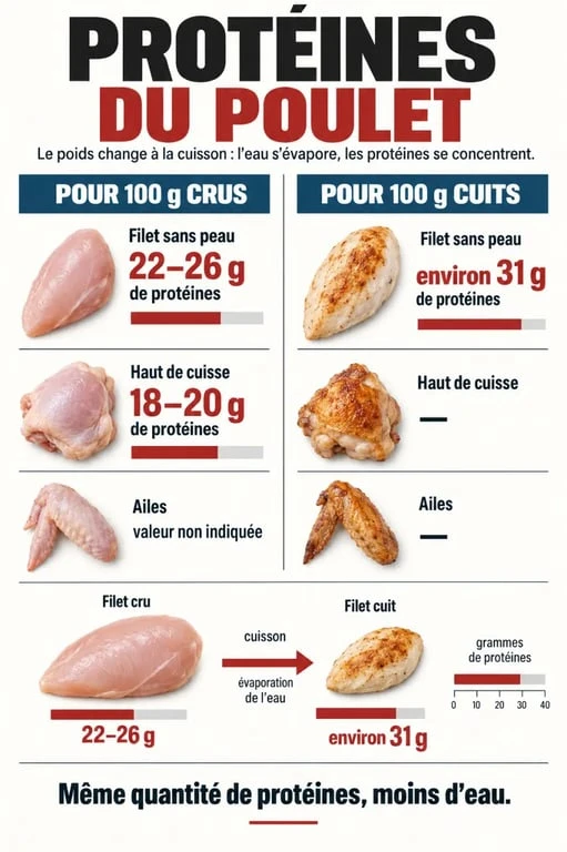 Poulet protéines : comparaison du filet, du haut de cuisse et des ailes crus et cuits