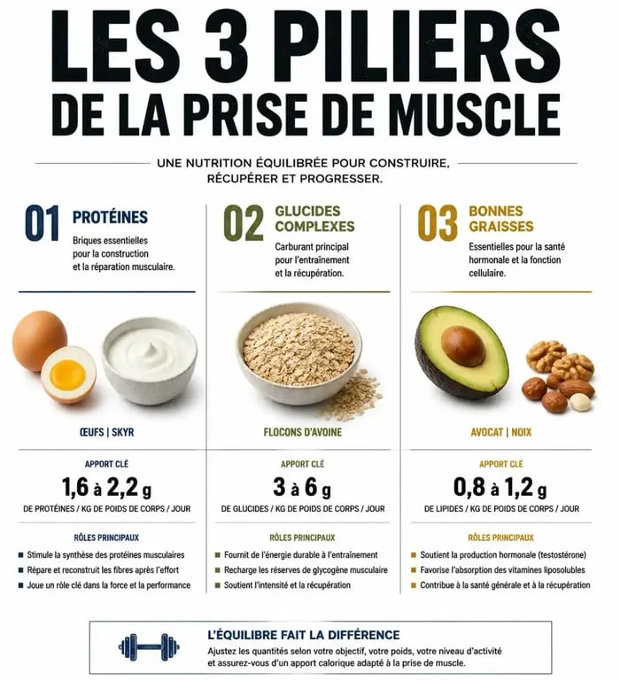 Infographie des trois piliers nutritionnels pour un petit-déjeuner de musculation efficace