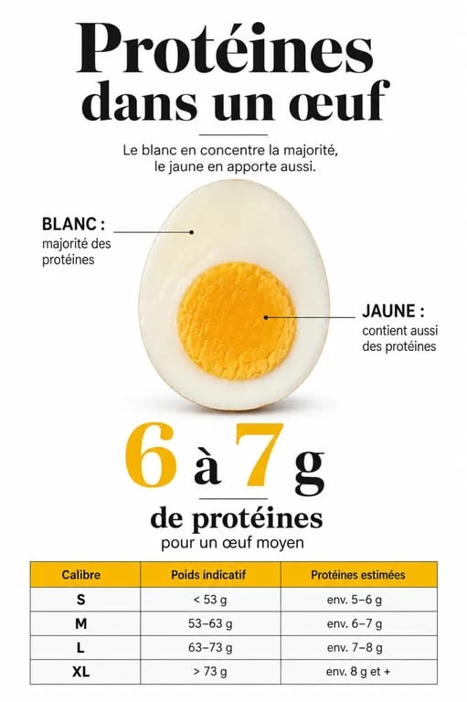 Protéine dans un oeuf : infographie sur la répartition entre blanc et jaune et les apports selon la taille