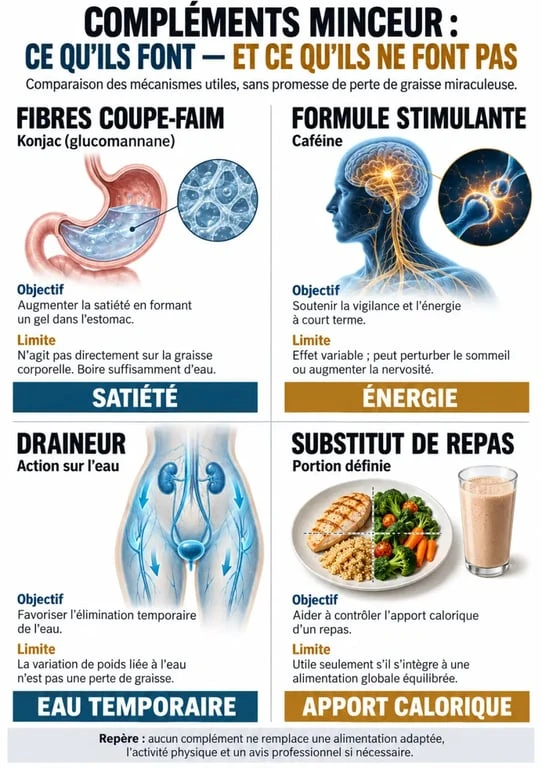 Infographie sur le complément alimentaire pour maigrir le plus efficace selon l’objectif : konjac, brûleur de graisses, draineur ou substitut de repas