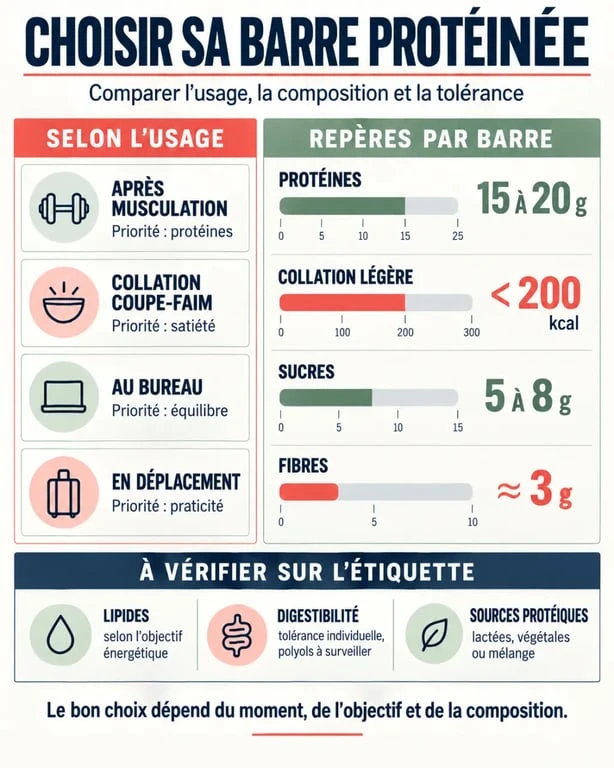 Meilleure barre protéinée : infographie des critères de choix selon l’usage, les protéines, les sucres et la digestibilité
