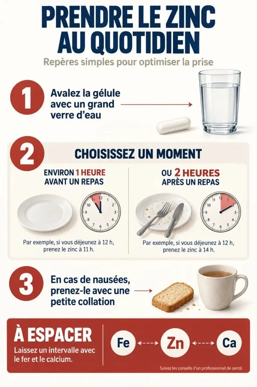 Comment prendre le zinc : schéma des horaires, repas et interactions avec le fer et le calcium