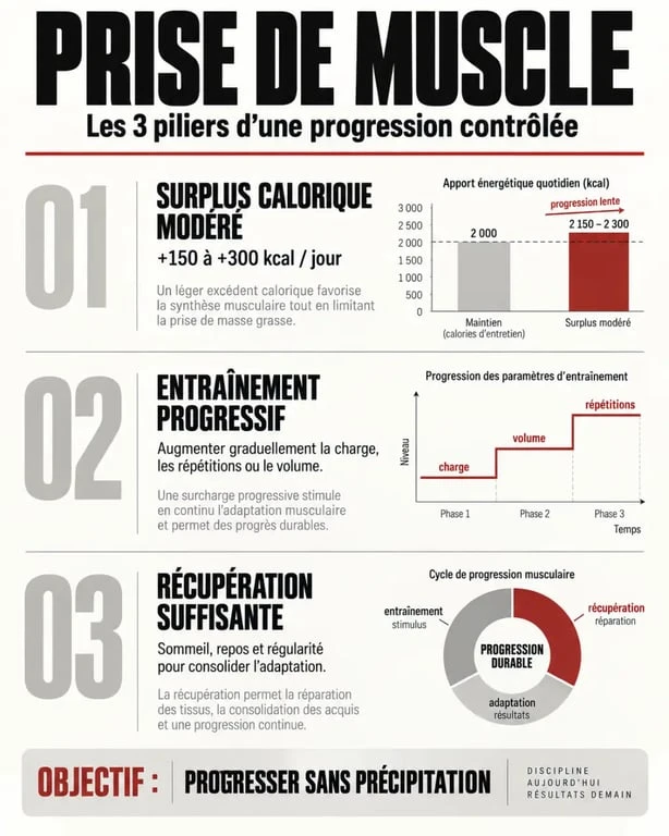 Infographie sur la prise de muscle : surplus calorique, entraînement progressif et récupération