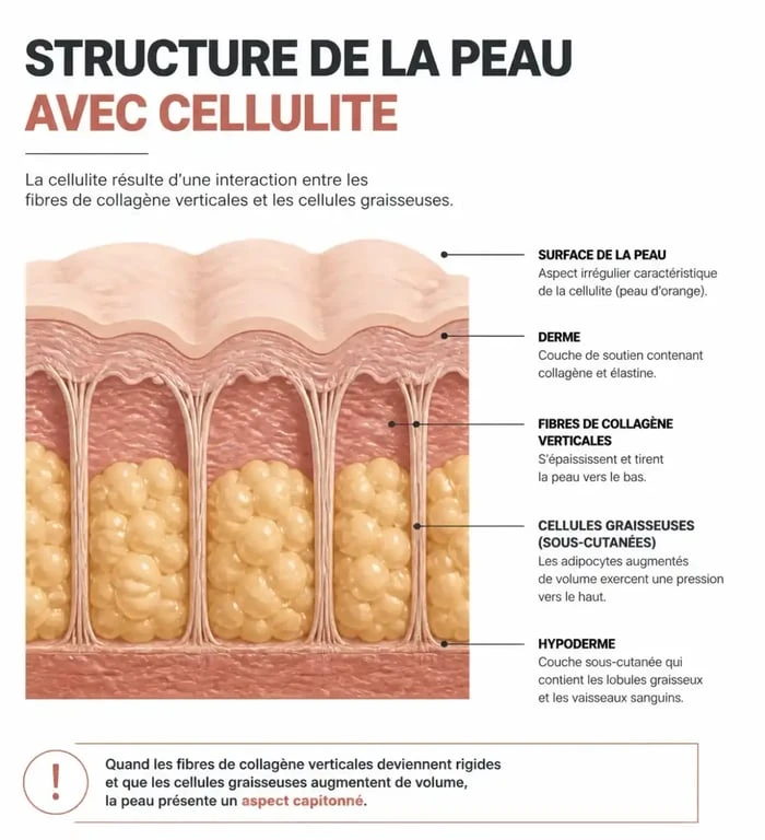 Schéma explicatif de la cellulite sur les cuisses et structure du tissu conjonctif