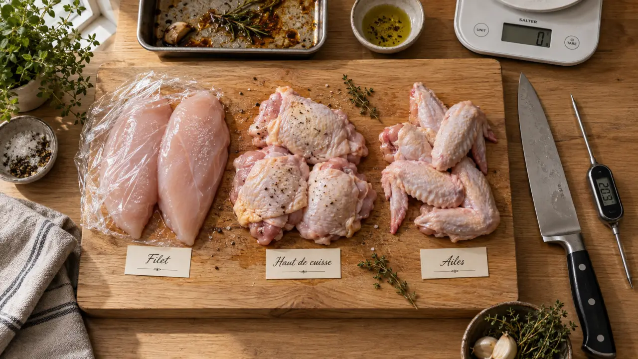 Poulet protéines : 100 g cuits vs crus, balance et thermomètre