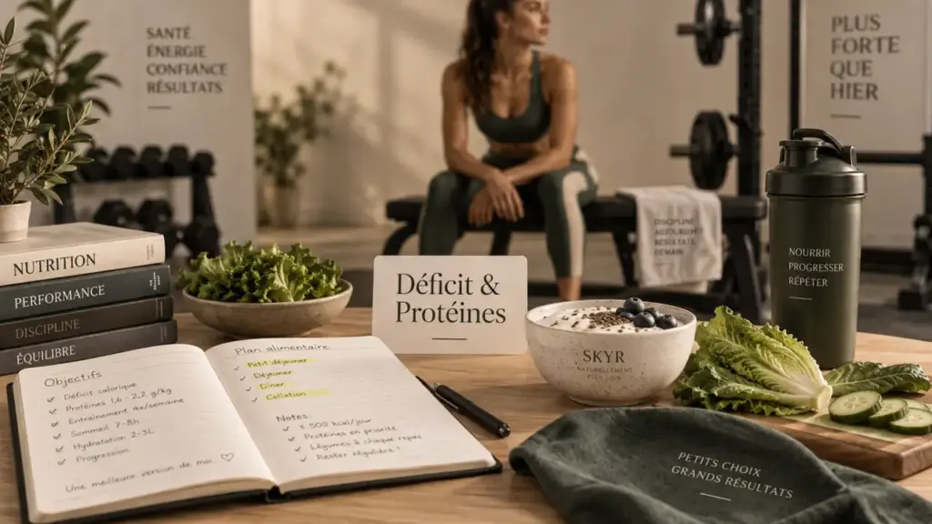 Seche pour femme : shaker, skyr et protéines sur table