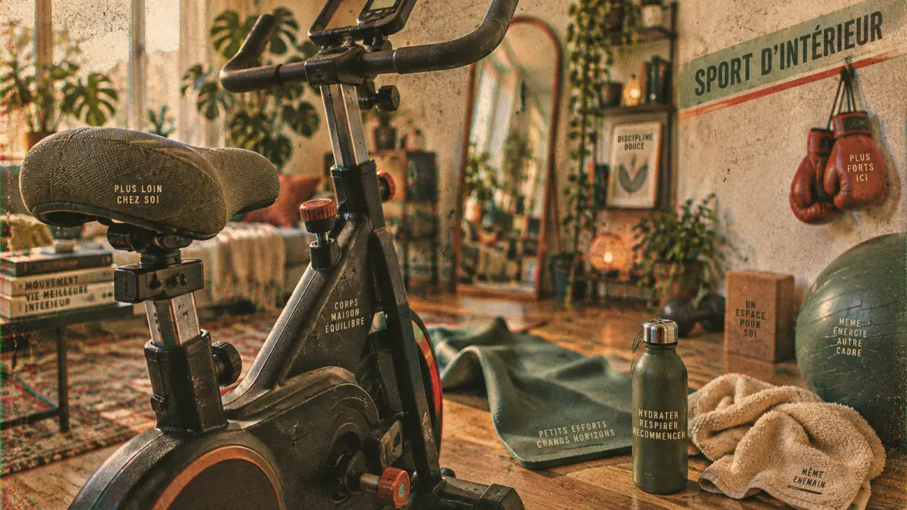 Sports interieur : vélo d’appartement et tapis de yoga dans un coin sport