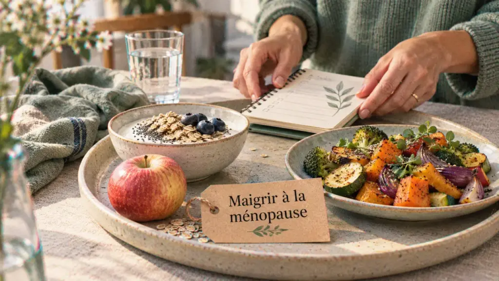 Comment maigrir à la ménopause : assiette équilibrée, yaourt et légumes