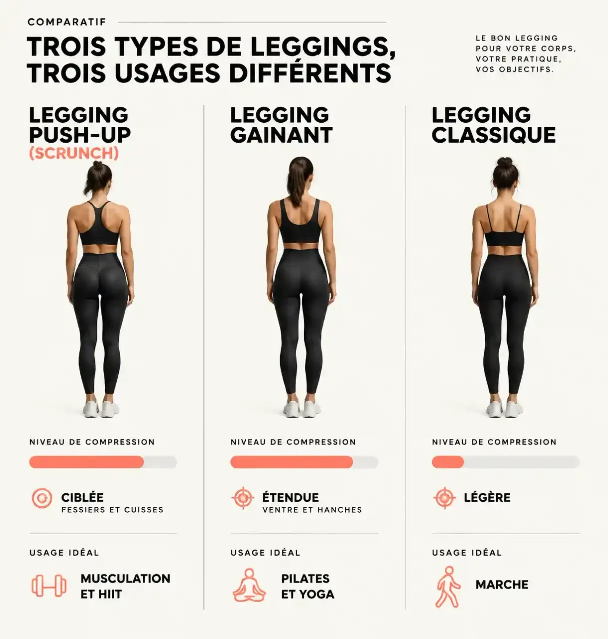 Comparaison visuelle d'un legging sport push-up, d'un legging gainant et d'un legging classique : compression et usage idéal