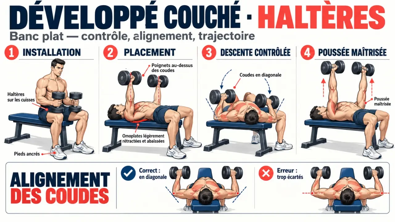 Illustration technique du développé couché haltères avec placement des épaules et trajectoire correcte