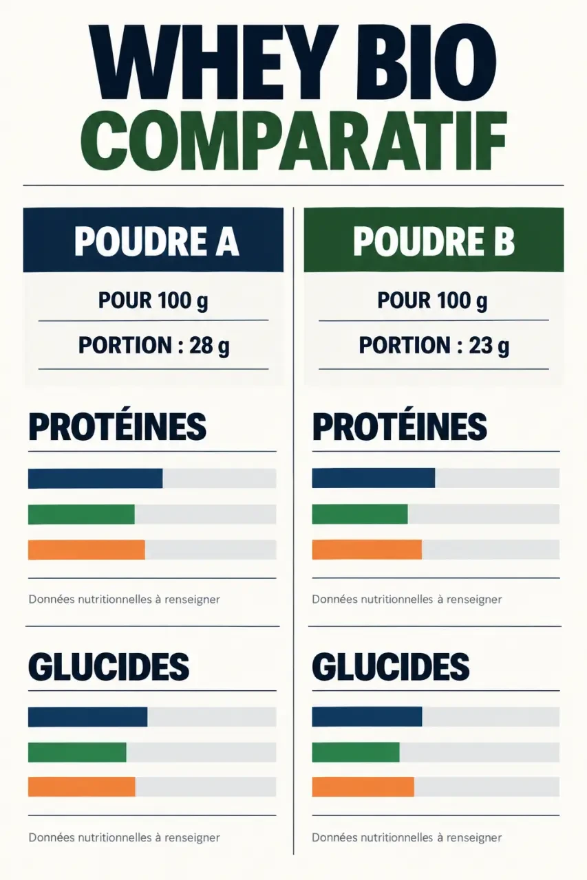 Whey protéine bio : comparaison des protéines, glucides et portions