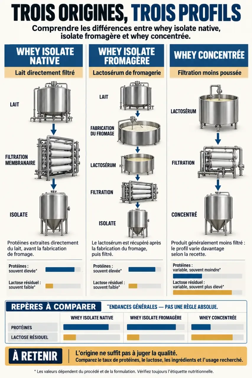 Infographie comparative de la whey isolate native, de la whey fromagère et de la whey concentrée
