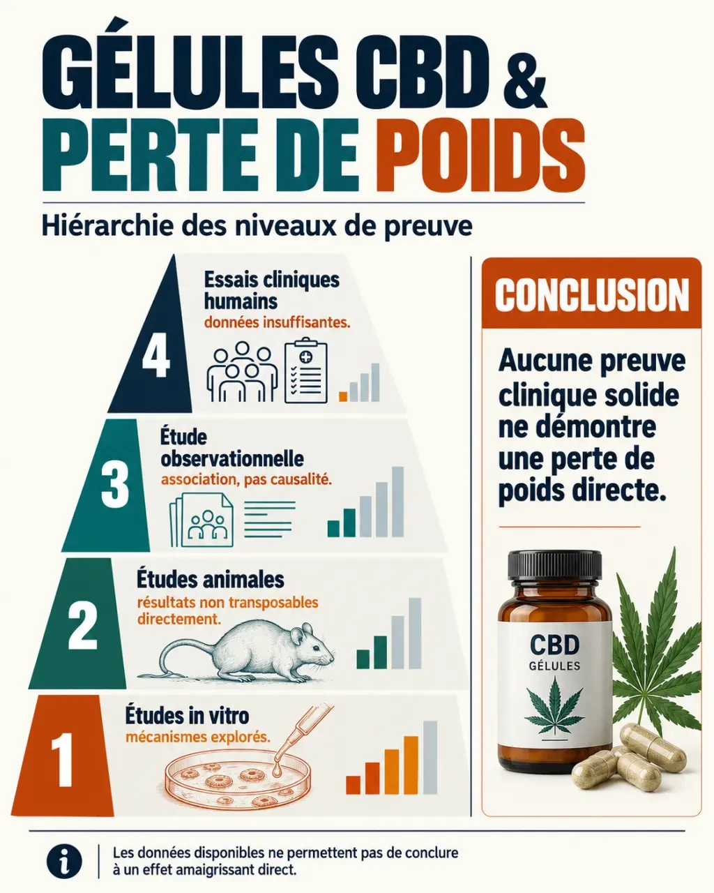 Infographie sur les gélules CBD pour maigrir et les niveaux de preuve scientifique