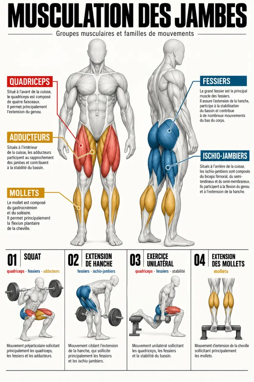 Schéma des muscles sollicités pour la musculation des jambes et les principaux exercices