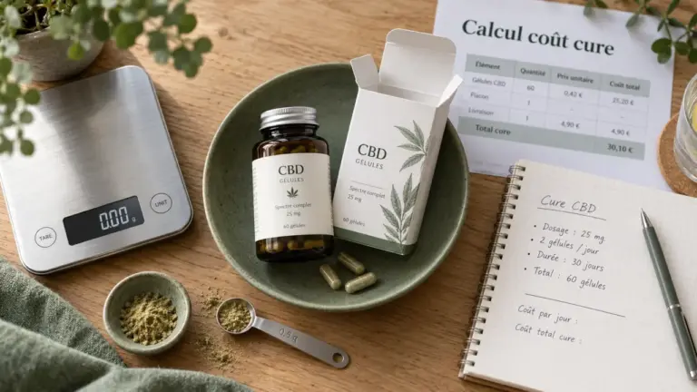 Gélules CBD pour maigrir : flacon et doseur sur table