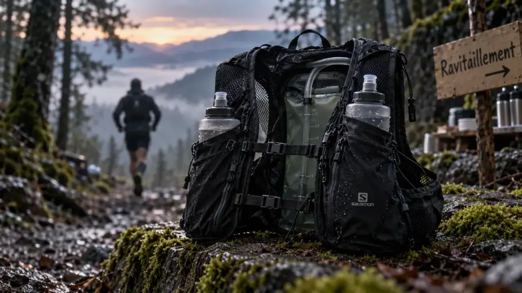 Gilet hydratation noir avec poches et bretelles, en trail au lever du jour