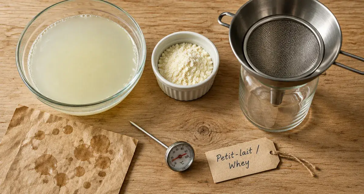 Lactoserum, petit-lait de fromage en bol et poudre