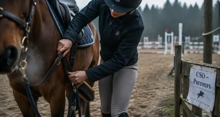 Sport equitation : cavalier ajuste la sangle d’un cheval en carrière