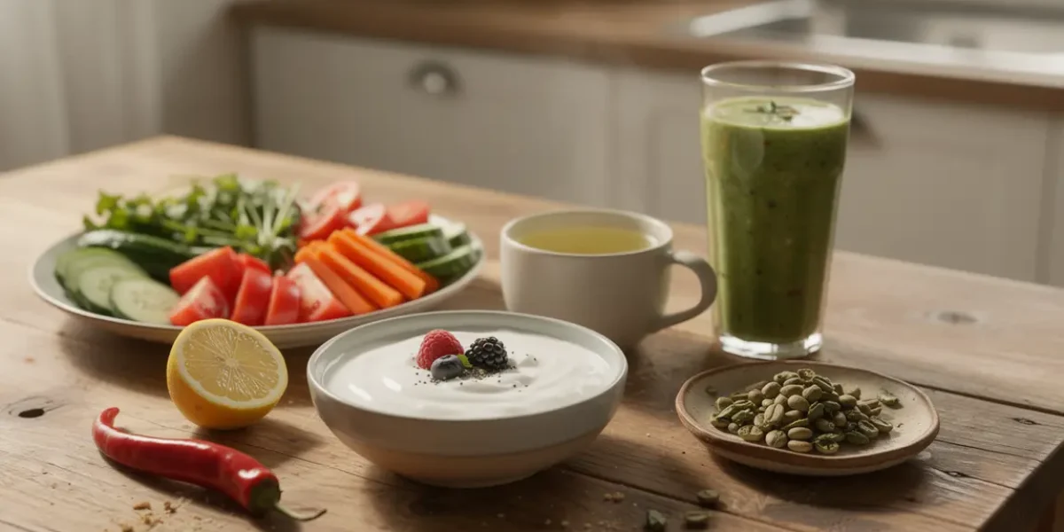 vue aliments naturels ventre plat sur table