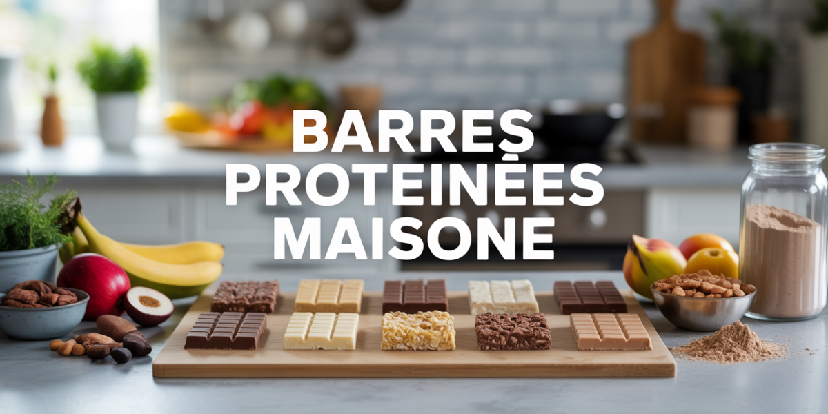 Barres proteinees maison variees et ingredients sur fond cuisine